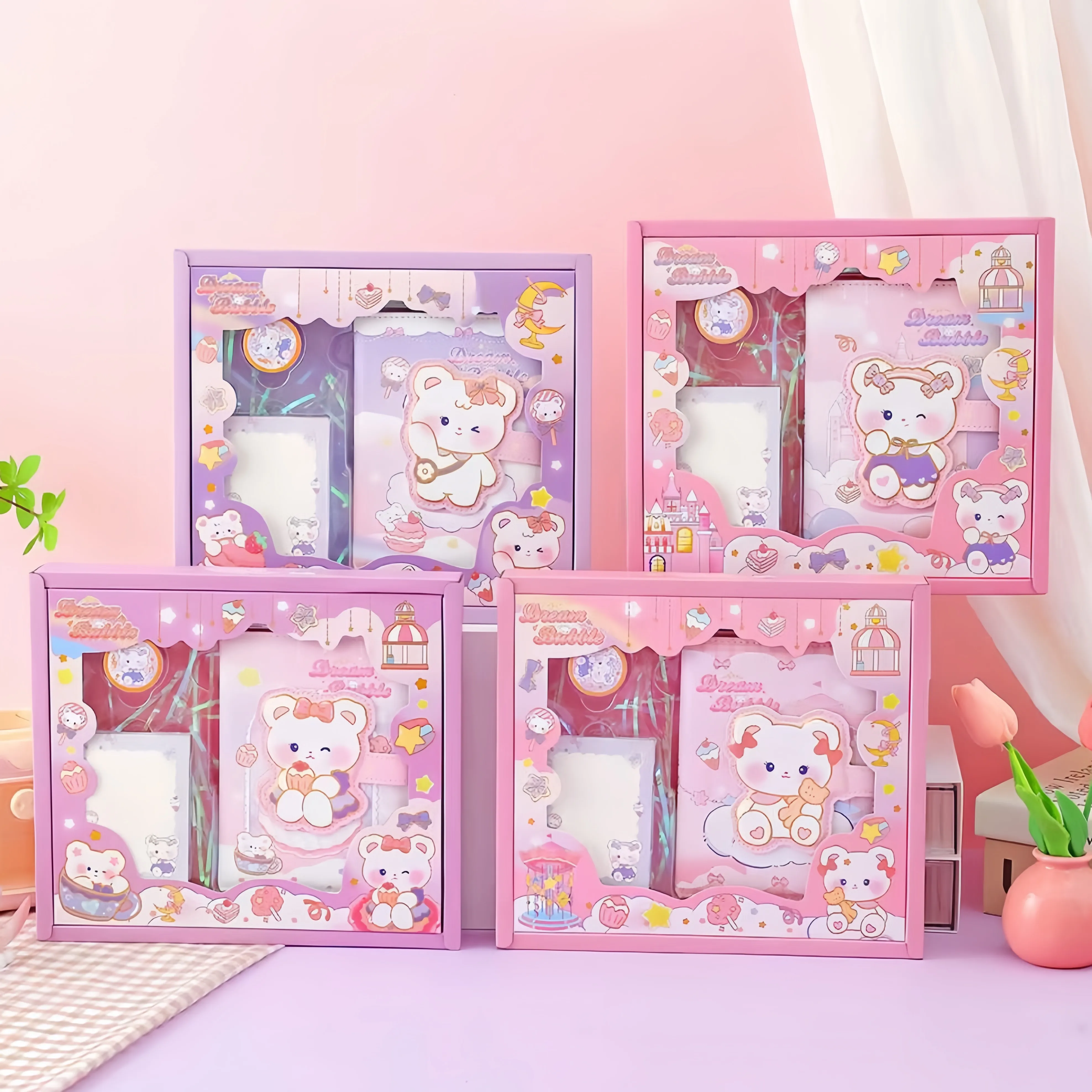 Sanrio Kuromi Set peralatan tulis pena Gel Notebook persegi Set tangan buku catatan kotak hadiah sesuai untuk siswa perempuan sampul Notebook kulit dicetak