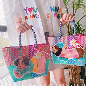 Handmade Basket <strong>Bag</strong> Cute Dog Applique Tote Multi-Color Handbag Summer Vacation <strong>Straw</strong> <strong>Beach</strong> <strong>Bag</strong> for Woven Gift Basket <strong>Bag</strong> - Product Image 5