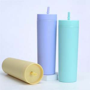 Botella de agua acrílica de vaso Delgado mate de plástico de doble pared reutilizable de 450Ml/16Oz con pajita - Product Image 6