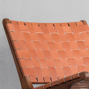 Fauteuil d'appoint en bois massif de style Mid-Century pour patio, avec revêtement en cuir tressé, fauteuil lounge semi-extérieur, canapé de relaxation et de bien-être - Product Image 5