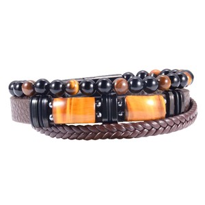Tiger's Eye Obsidian Agate Bead <b>Bracelet</b> Black Brown <b>Leather</b> Woven Magnetic Buckle Unisex Fashion Jewelry 7.5 8.5 9 Inches - Product Image 4