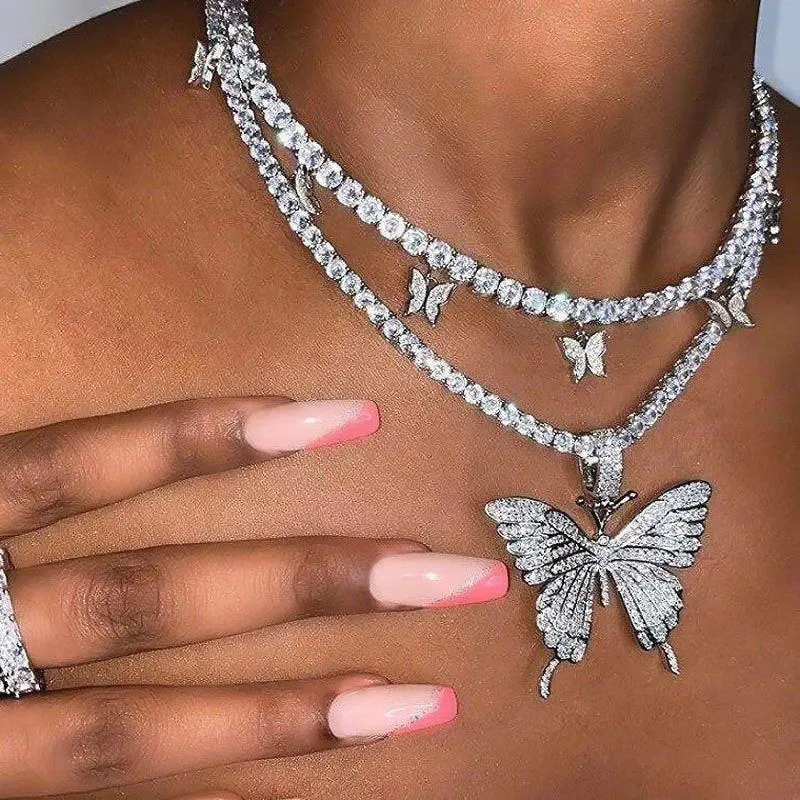 2022 Popular Silver Rose Gold Colors Plated Crystal Butterfly Tennis Choker Jewelry Charm Cuban Butterfly Necklaces for Women