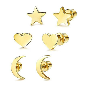 Pendientes de tuerca con forma de estrella, corazón y luna, de acero inoxidable, para hombres y mujeres, joyería de moda - Product Image 1