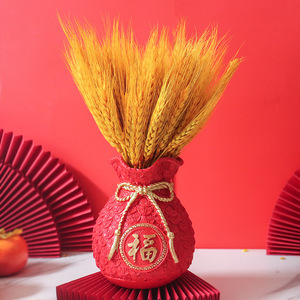 Vase en résine Kch, motif épis de blé, fleurs séchées, style chinois, décoration intérieure, cadeau de déménagement, design sac porte-bonheur rouge et or - Product Image 4