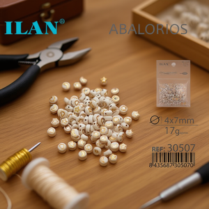Perline Ilan Abalorios 4x7mm Bianche con Stelle e Lune in Oro per Creazione di Gioielli, Circa 17g, Rif. 30507 - Product Image 3