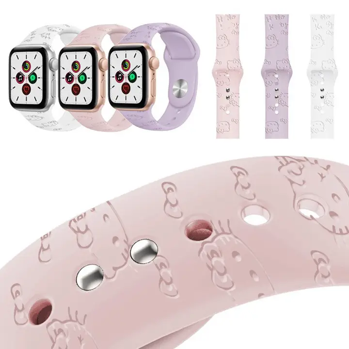 New Embossing Design Cartoon Kitty Cat Silicone Strap Watch Band For Apple Watch 40 41 45mm Watches Strap For iWatch 7 6 5 4 3