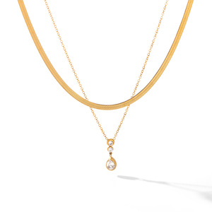Collar de cadena plana de doble capa de acero inoxidable chapado en oro de 18 quilates con colgante de circonita, joyería de moda para mujer. - Product Image 6