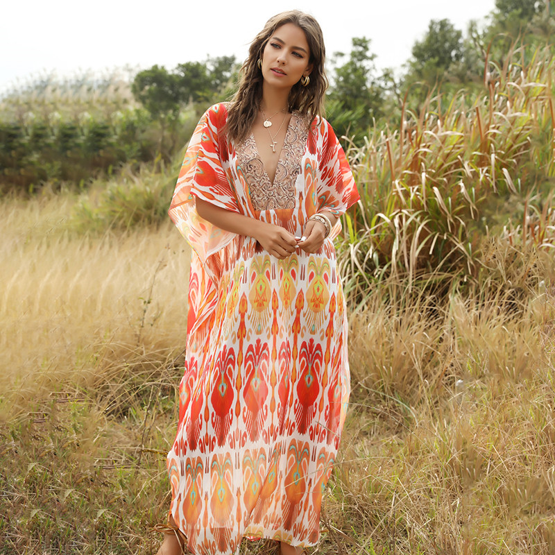 Elegant design v neck plus size bohemian maxi dresses women summer