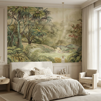 Papier peint mural vintage de paysage tropical de forêt tropicale en aquarelle pour salon, chambre à coucher, décoration murale de la maison