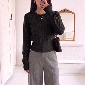 Pull en maille torsadée à col rond style français pour femme, taille unique, gris, coupe ajustée, haut de gamme - Product Image 4
