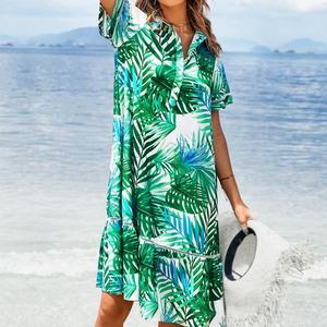 Vestido Camisero Casual Hawaiano con Estampado de Hojas y Manga Corta para Mujer - Product Image 6