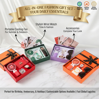 Coffret Cadeau Luxe Tout-en-un pour Femme : Ventilateur Portable Personnalisable, Montre Élégante et Accessoires – Idéal pour Elle