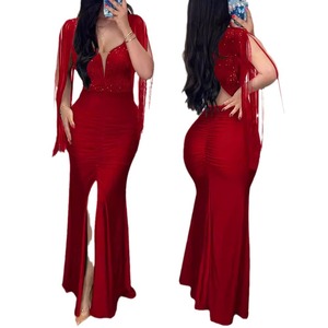 Robe de soirée sexy en sequins, col rond, manches fendues à franges, plissée - Product Image 5