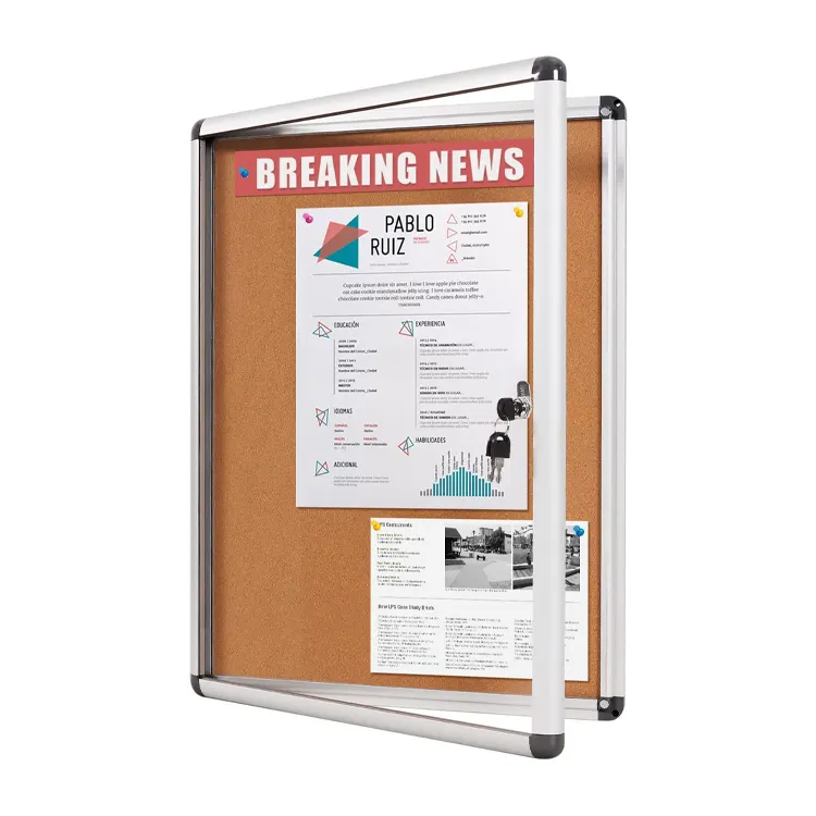 Afsluitbare Bulletin Kurk Boord Afgesloten Display Case Met 3 Bijpassende Sleutels Voor Indoor Zilver Aluminium Frame