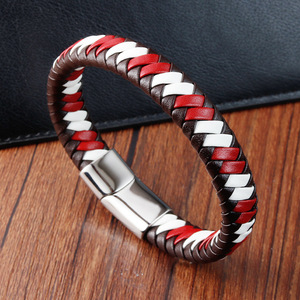 Hand-woven <b>red</b> and white leather <b>bracelet</b> genuine leather braided cord with vintage-style stainless steel accents - Product Image 1