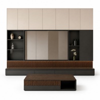 Ensemble Meuble TV et Table Basse Luxe Moderne Sans Poignées, Meuble de Rangement Mural en Bois Cannelé pour Salon, Villa, Appartement CE