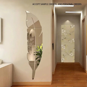 TETE 3D Espelho Acrílico Adesivos De Parede Em Forma De Pena Set Personalizado Auto-Adesiv <span class=keywords><strong>Art</strong></span> Decalques Decorações Para Casa para Sala