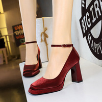 Sepatu Guli Square Toe One-Strap Mary Jane Hak Tipis Gesper Sutra Slip-On Platform Hak Sedang Musim Semi Musim Panas Musim Gugur Tren Fashion Karet