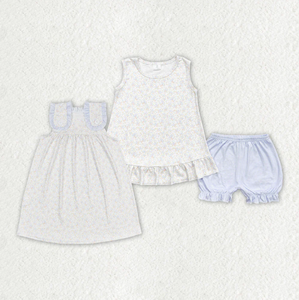 Light Blue Check Toddler Girl Soft Fabric Loungewear Floral Tank Dress Shorts Set - Product Image 4