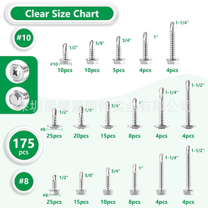 410 Stainless Steel Hex Washer Head Self Tapping Screws Assortment Kit 175pcs Imperial Phillips Drive Metal <b>Fasteners</b> - Product Image 3