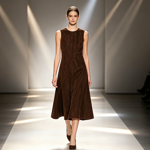 HN4167 Women's Geometric Spliced Crew Neck Slim French Style Leather Dress High Waist Suede Sheepskin Midi Vest Dress
