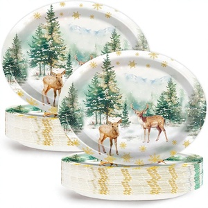 50 Assiettes <span class=keywords><strong>en</strong></span> papier ovales de Noël à motif de rennes de dessin animé, 11 pouces, vaisselle jetable avec design d'arbres et de flocons de neige - Product Image 1