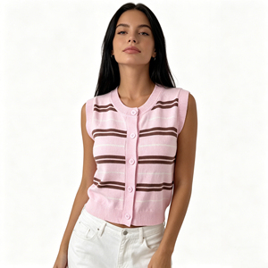 <span class=keywords><strong>Cardigan</strong></span> Casual Senza Maniche a Righe, Gilet Estivo da <span class=keywords><strong>Donna</strong></span> Rosa <span class=keywords><strong>Marrone</strong></span> con Bottoni e Collo Tondo, Maglieria - Product Image 5