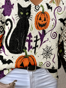 <span class=keywords><strong>Pull</strong></span> en tricot pour <span class=keywords><strong>femme</strong></span> à col en V, imprimé chat <span class=keywords><strong>noir</strong></span>, citrouille et fantôme pour Halloween, décontracté, pour tous les jours et les fêtes, personnalisation possible - Product Image 4