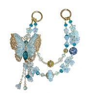 Cadena de Lujo para Teléfono con Mariposa Azul, Cordón de Perlas de Cristal Teal, Colgante para Bolso con Filigrana Dorada, Llavero, Joyería Hecha a Mano al por Mayor