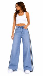 Jeans in Denim a Vita Alta e Gamba Larga con Striscia Laterale Vestibilità Comoda Lunghezza Intera Stile Casual Blu Chiaro in Cotone - Product Image 1