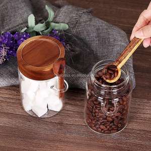 Set di 4 Barattoli in Vetro Ermetici da 450 ml, Vetro Borosilicato Spesso per Caffè, Tè, Zucchero, <span class=keywords><strong>Miele</strong></span> con Coperchio in <span class=keywords><strong>Acacia</strong></span> e Cucchiaio - Product Image 4