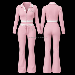 Ensemble de survêtement deux pièces pour femme, veste courte à col preppy et pantalon évasé, en <span class=keywords><strong>velours</strong></span> avec bordure rayée, personnalisable OEM - Product Image 3