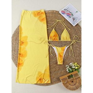 Ensemble bikini 3 pièces FOXA pour femme, haut triangle à nouer, string et jupe de plage moulante imprimée numériquement en Spandex et Polyester - Product Image 4