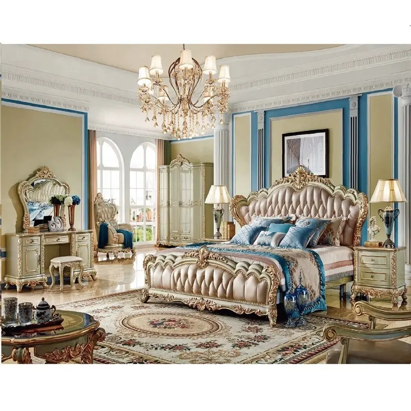 Yüksek kaliteli kraliyet mobilya antika altın yatak setleri lüks avrupa tarzı otel yatak setleri katı ahşap tasarımları ile