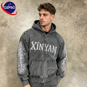 QZFSO Fabricant de vêtements en gros – Sweats à capuche zippés personnalisés avec logo imprimé DTG, style streetwear vintage délavé à l'acide, double fermeture éclair - Product Image 1