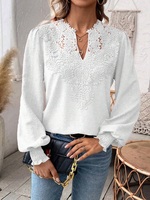 T-shirt personnalisé de couleur unie pour femmes Rétro français côtelé col en V dentelle manches lanterne hauts à manches longues tricoté T-Shirt décontracté