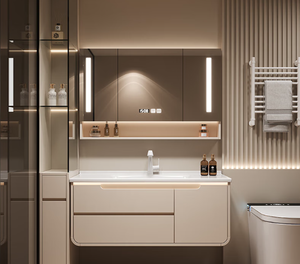 Tocador colgante moderno resistente al agua, mueble para el hogar, espejo <span class=keywords><strong>de</strong></span> <span class=keywords><strong>pared</strong></span> inteligente para villas, carcasa <span class=keywords><strong>de</strong></span> MDF, escurridor <span class=keywords><strong>de</strong></span> cobre - Product Image 1