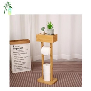 Bamboo Floor Standing Toilet <b>Paper</b> Holder With Storage Shelf Minimalist Design Bathroom Organizer - Product Image 2