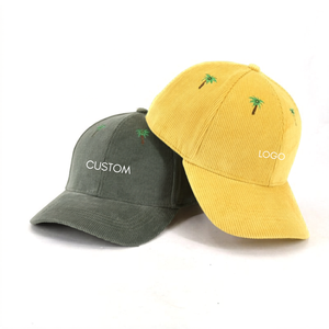 Custom Embroidery Corduroy Baseball <b>Cap</b> Unisex Adjustable 6-Panel Tropical Palm Tree Design Yellow Green Casual <b>Hat</b> - Product Image 1