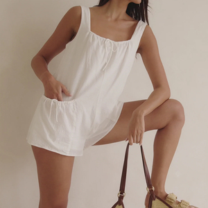 Combinaison courte d'été tendance, décontractée, respirante, avec poches et cordon de serrage, en lin et coton de haute qualité - Product Image 2