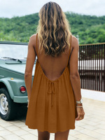 Nouvelles Robes d'Été pour Femmes en Gros – Mini-Robe Dos Nu Ample Coupe Évasée avec Détail Nœud en U Profond – Idéale pour la Plage et les Vacances