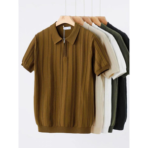 <span class=keywords><strong>Polo</strong></span> tricoté à demi-zip pour <span class=keywords><strong>homme</strong></span>, fin, décontracté, à manches courtes, rayé, pour l'été - Product Image 1