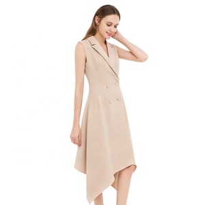 MZ18331-Chaqueta de negocios sin mangas con doble botonadura y cuello de pico, Vestido largo de oficina - Product Image 6