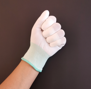 Hafif beyaz naylon kabuk hassas <span class=keywords><strong>ESD</strong></span> statik elektronik montaj taşıma muayene PU parmak kısmi kaplamalı eldiven - Product Image 5