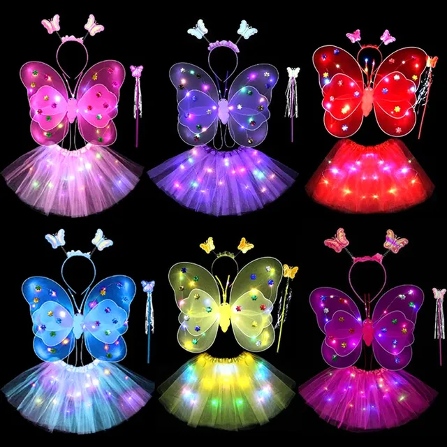 Glowing Fairy Princess Dress Set Light Butterfly Wing Wand Headband Cosplay Costume for Girls' Dance Party Show for Children