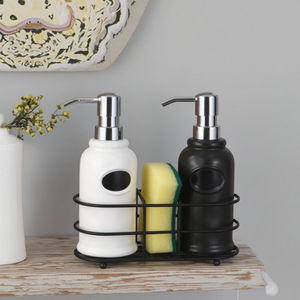 Distributeur <span class=keywords><strong>de</strong></span> savon <span class=keywords><strong>en</strong></span> céramique blanche 2 <span class=keywords><strong>en</strong></span> 1 avec porte-éponge et support <span class=keywords><strong>en</strong></span> métal Conteneurs <span class=keywords><strong>de</strong></span> stockage pour ensembles <span class=keywords><strong>de</strong></span> salle <span class=keywords><strong>de</strong></span> bain - Product Image 3