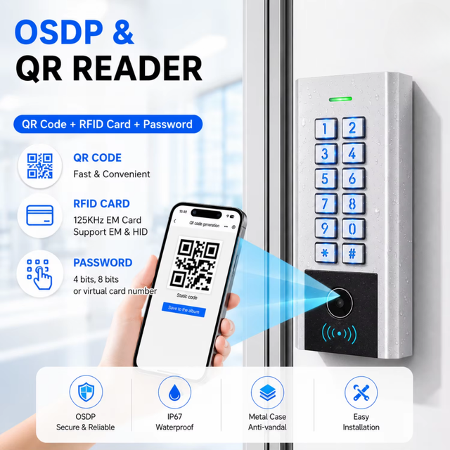 2026 Newest Metal Case Waterproof IP67 OSDP Keypad Reader QR Code Reader RFID Reader 125KHz HID & EM / 13.56MHz Card