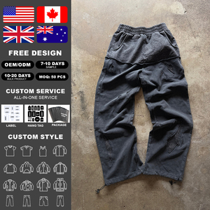 KingSen 100% Cotton Washed Loose-Fit Distressed Vintage Acid Wash <b>Elastic</b> Waist Pants for Men OEM Streetwear Autumn Trousers - Product Image 2