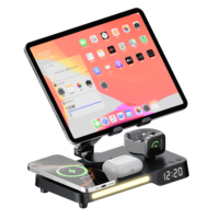 7-in-1 15W Magnetisch Draadloos Oplaadstation Opvouwbare Metalen Stand voor Telefoon Tablet Horloge Oordopjes met Klok Nachtlampje