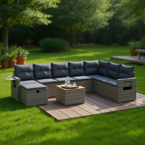 Conjunto de Sofás de Jardín Grises de Ratán, Muebles de Exterior para 6 Personas, Resistentes a la Intemperie, Diseño Contemporáneo - Product Image 2